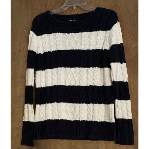 MNG Basics Woman Long Sleeve Pullover Sweater 100% Cotton Blue White Striped L - Picture 1 of 8